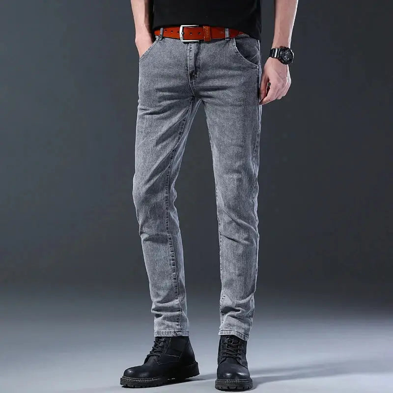 Men's slim-fit gray denim jeans with a straight-leg silhouette