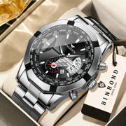 BINBOND men's stainless steel chronograph watch with black dial and tachymeter bezel