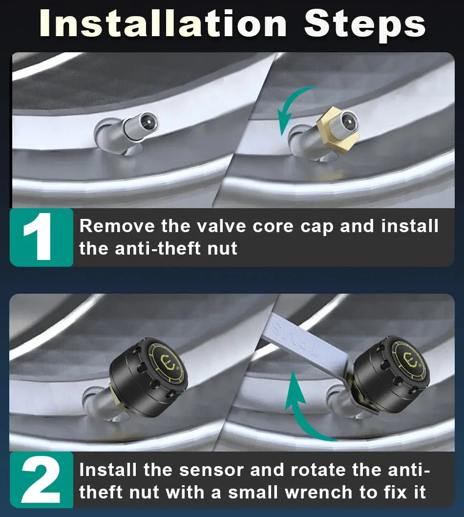 Navifly TPMS sensor for cars by Simples Market; step-by-step installation showing valve core cap removal and sensor mounting.