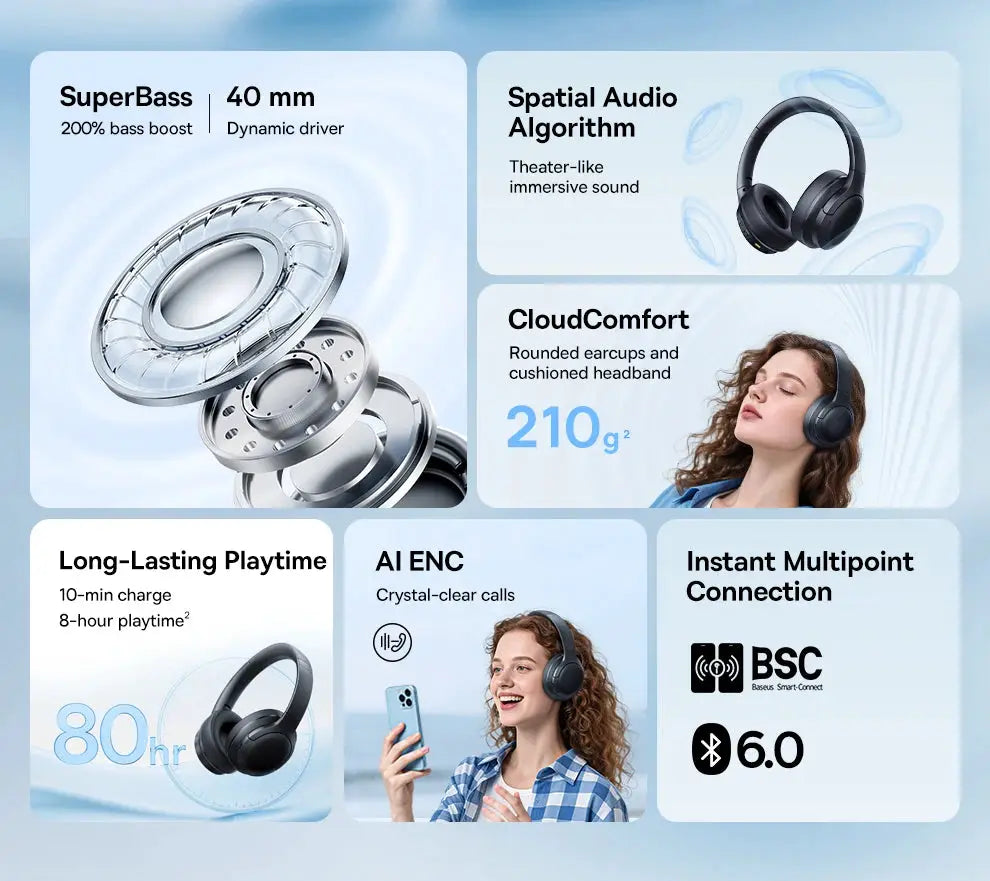 Baseus wireless over-ear headphones with 40mm drivers, foldable design and 80-hour playtime