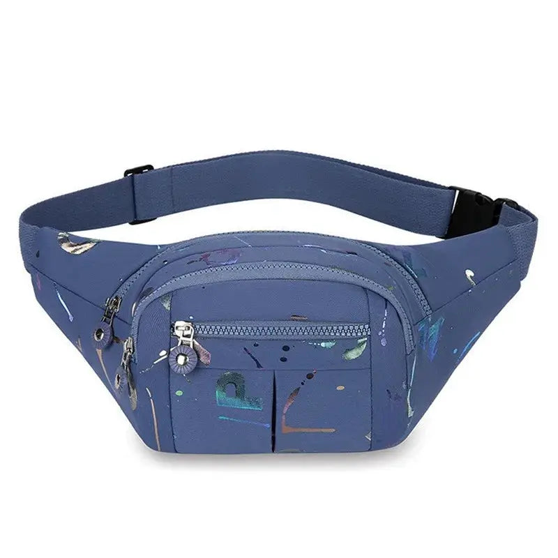 Women's waist bag in blue oxford cloth, waterproof fanny pack with front zip pockets.