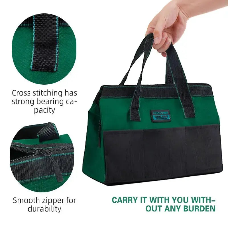 Airaj 13-inch tool bag in green and black Oxford fabric with durable zipper and carrying handles