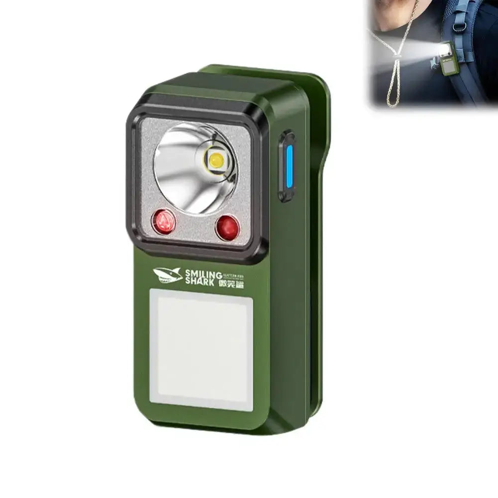 Green Smiling Shark LED magnetic clip flashlight with blue side switch, camping light