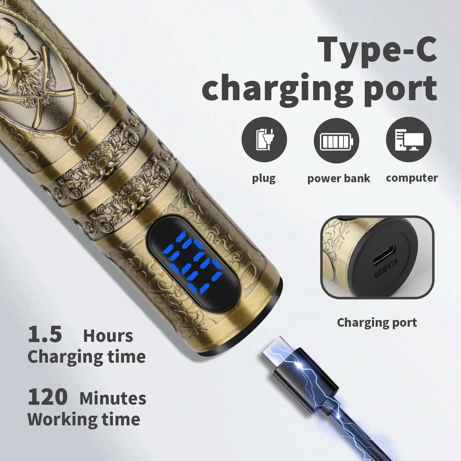 HIENA professional cordless hair clipper and trimmer by Simples Market with ornate gold body and blue LED display.
