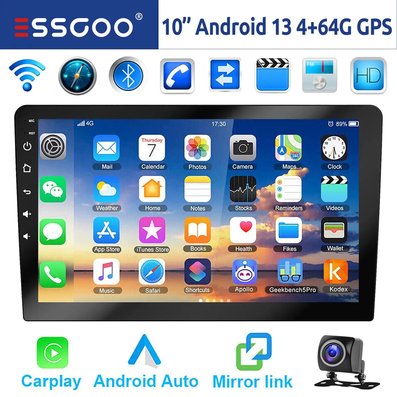 ESSGOO 10-inch Android car stereo, 4+64G, GPS, Bluetooth, CarPlay, Android Auto, touchscreen