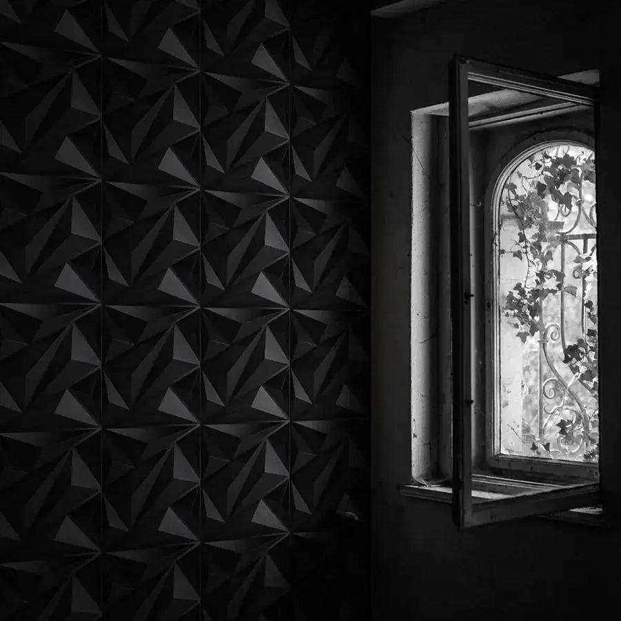 3D textured wall panels for indoor decor; dark geometric pattern, 30x30 cm panels.