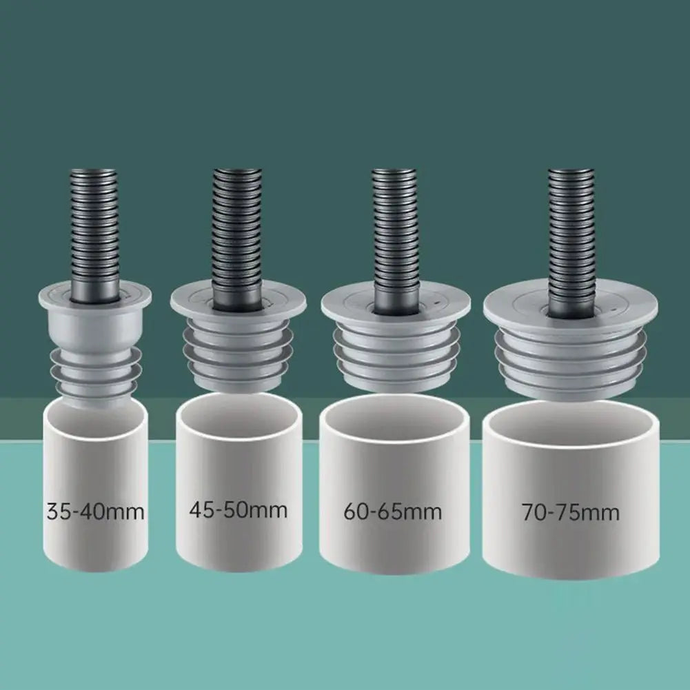 Gray washing machine drain pipe seal set with 4 sizes (35–40mm, 45–50mm, 60–65mm, 70–75mm)
