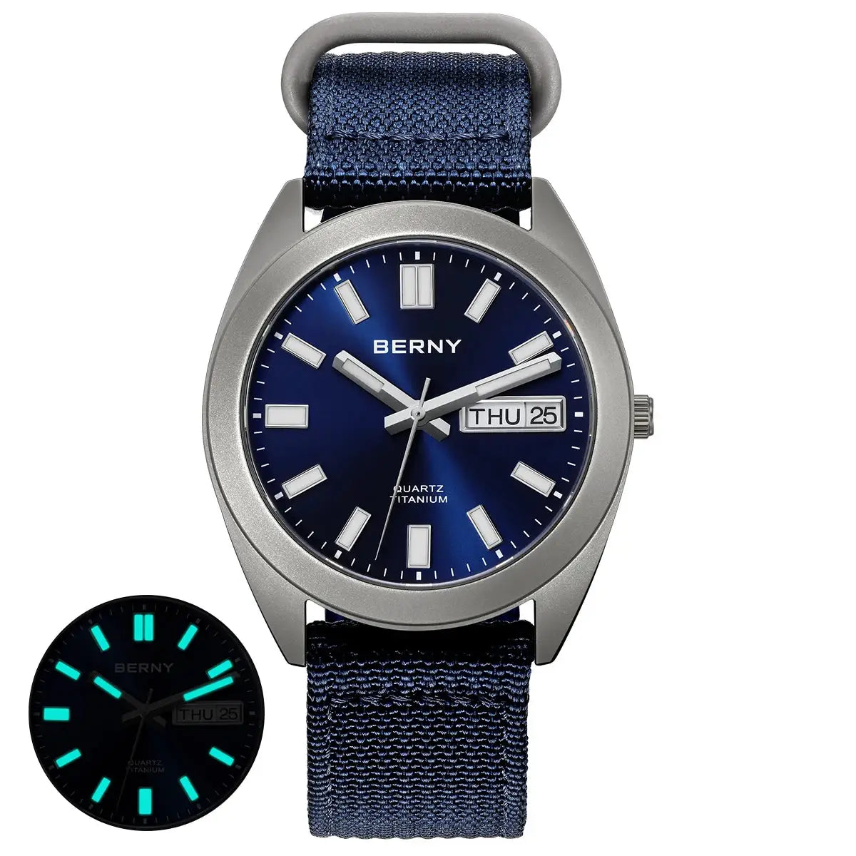 BERNY titanium men's watch with blue dial, navy fabric strap, 10ATM water resistance and luminous hands