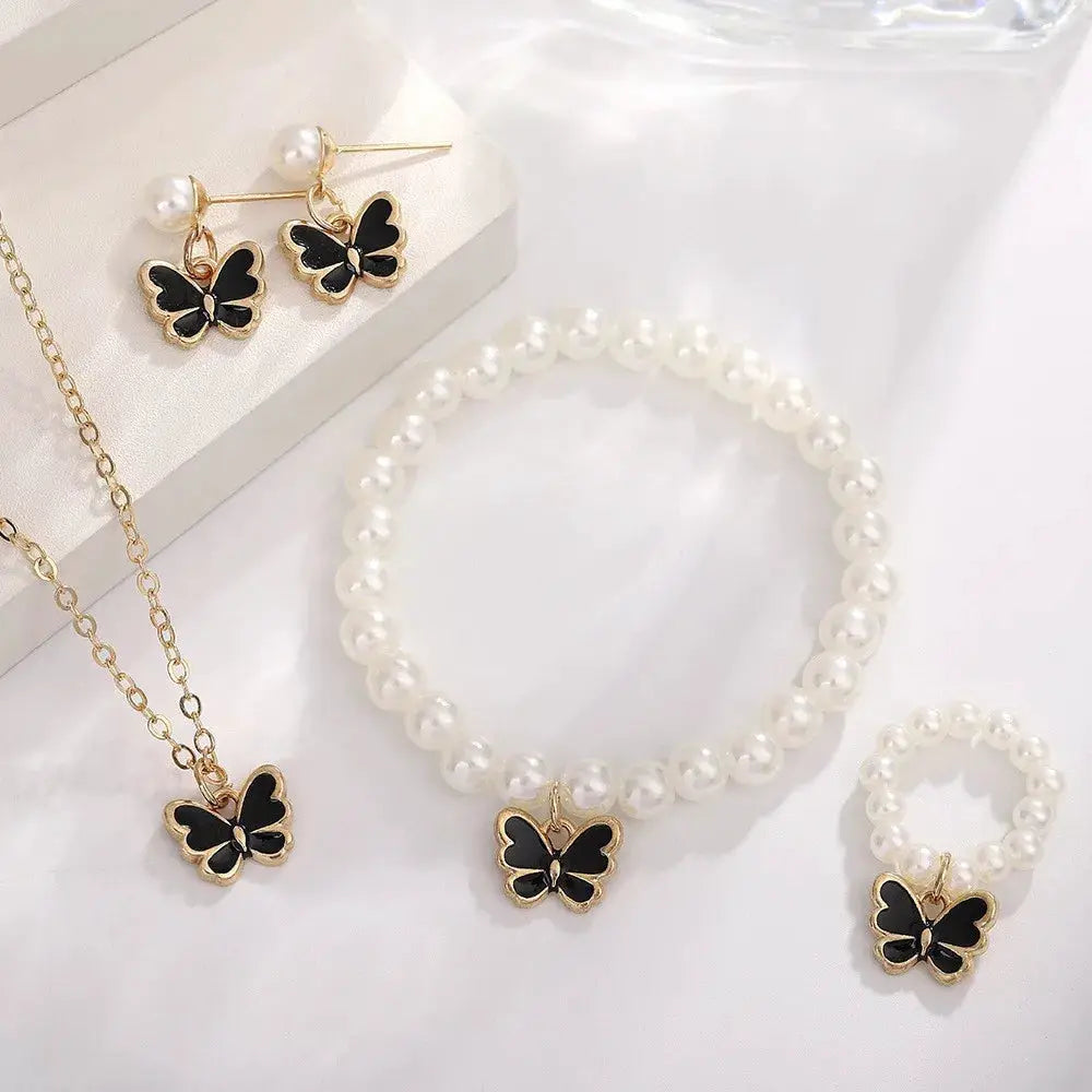 Butterfly Jewelry Set 4 Piece for Women Girls Ring Necklace Bracelet Earrings Simulated Pearl Gold Tone Trendy Cute Gift