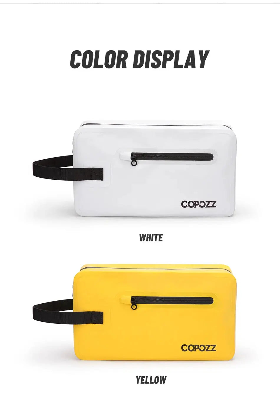 Gym bag by COPOZZ, white and yellow color options with black strap and zip pocket
