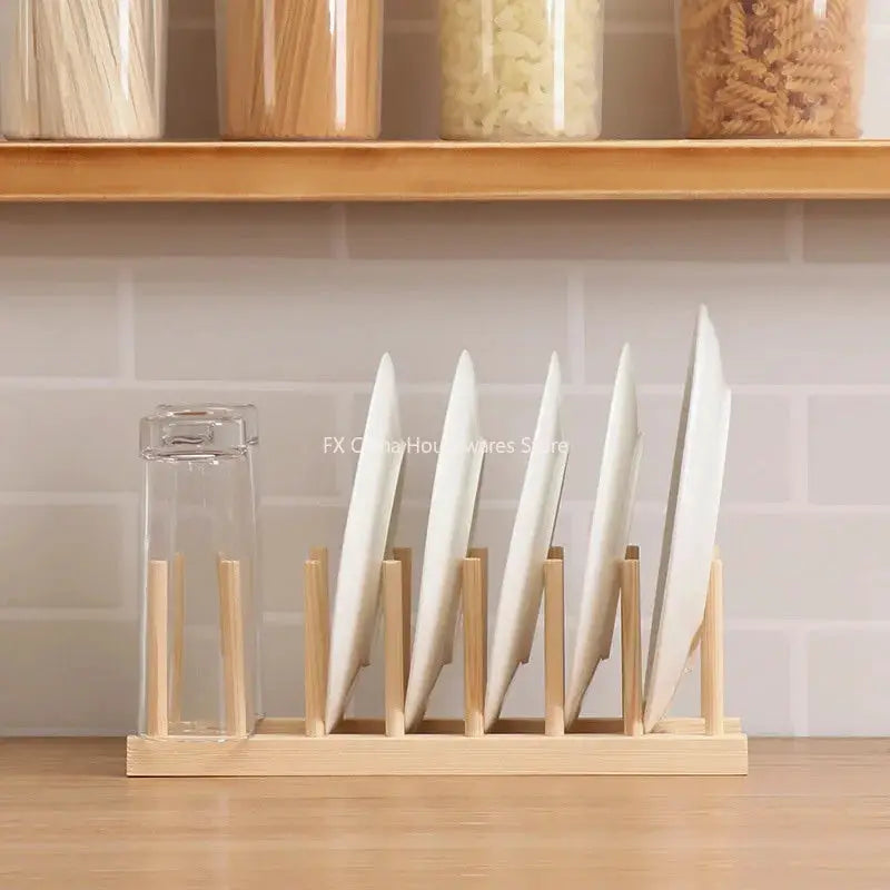 Multifunctional Wooden Plate Storage Rack For Dishes Cups Pots Lids Kitchen Organizer And Drain Holder