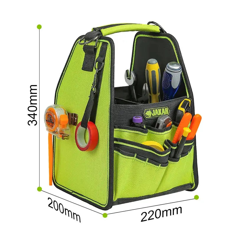 Simples Market 35-pocket tool tote with handle, black/green, water-resistant with loops and pockets.