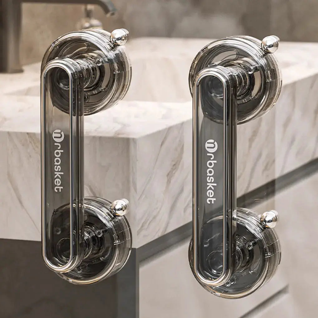Strong suction cup bathroom handrail pair in chrome finish with transparent grip, mbasket
