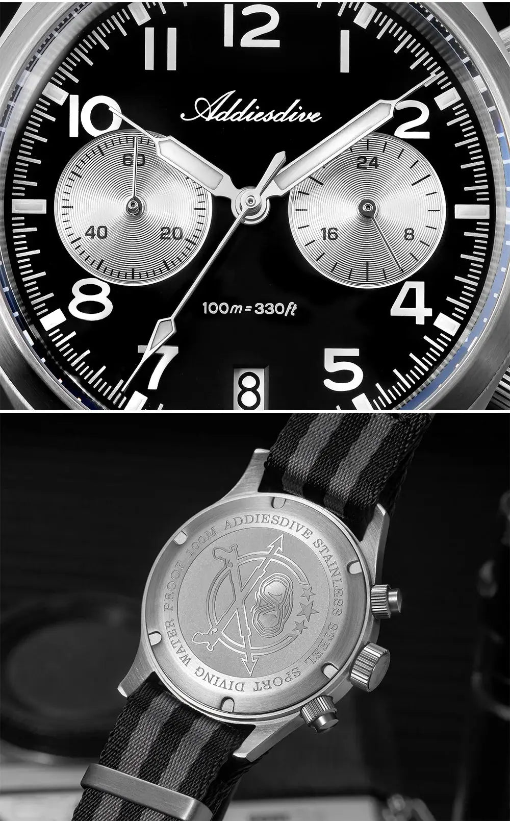 Adddiesdive men's watch with stainless steel case, black dial, chronograph subdials, 39mm, striped NATO strap