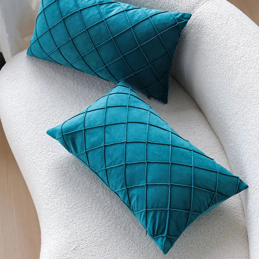 Rectangular teal pillow covers, quilted grid pattern, 30x50 cm, set of 2, ultra-soft fabric