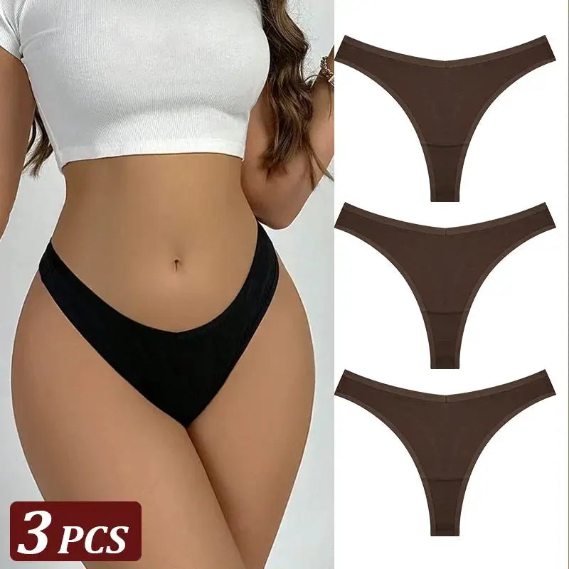 3-piece seamless cotton thong set by Simples Market; low-rise T-back underwear in black and brown.