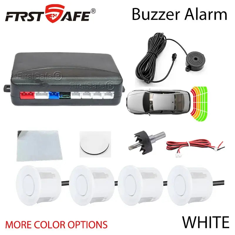 FirstSafe parking sensor kit by Simples Market with 4 white sensors and buzzer alarm, 12V