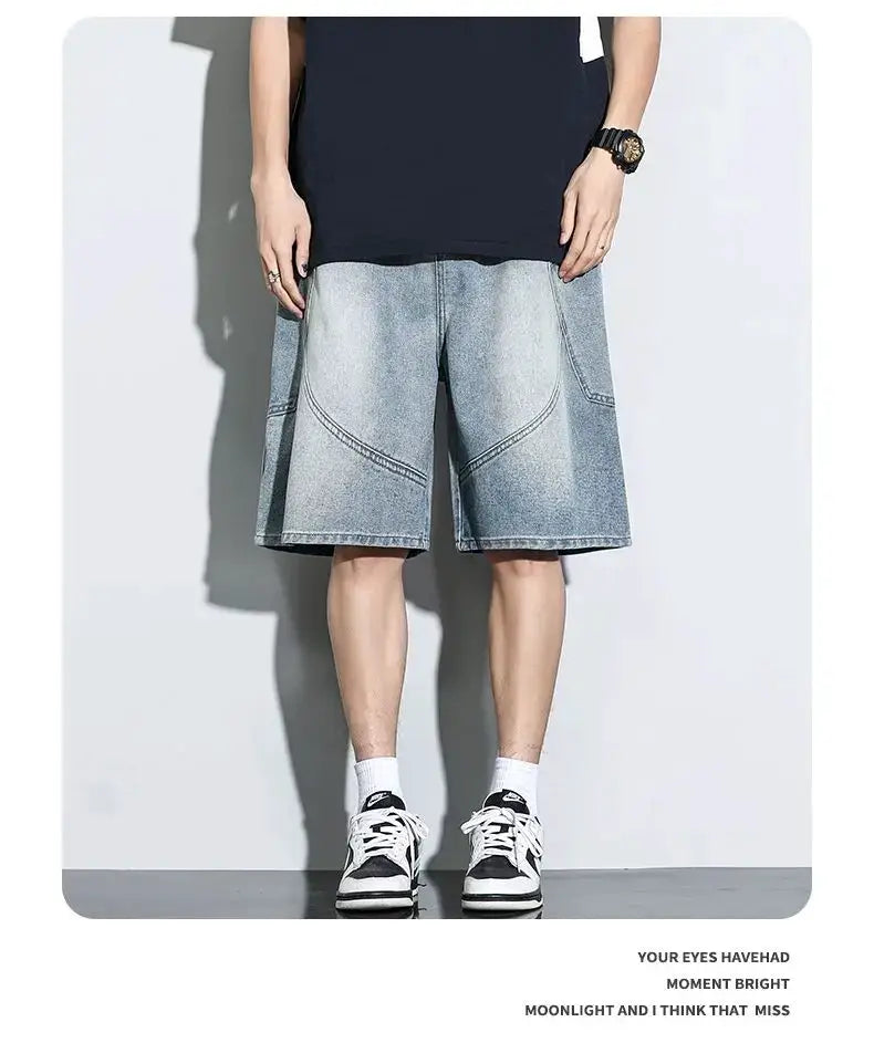 Baggy denim shorts with vintage wash and drawstring for men, casual streetwear.