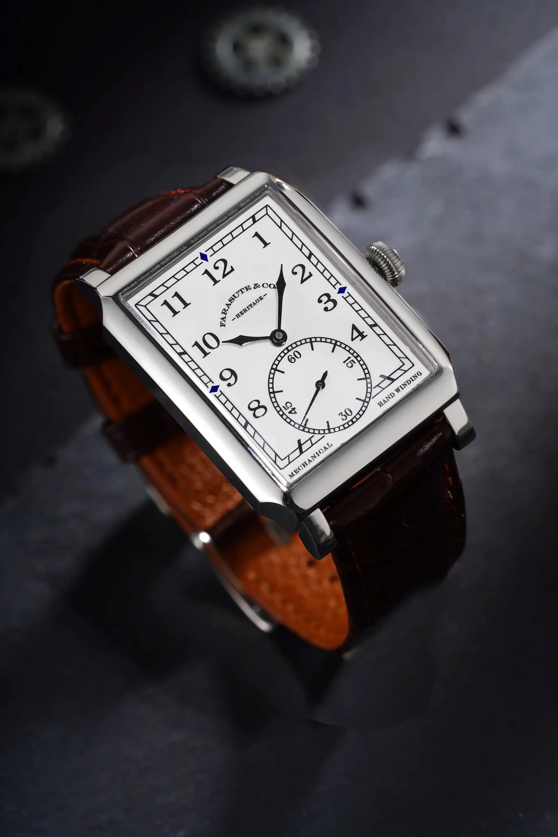 FARASUTE square vintage men's watch with white dial, black numerals, blue accents, brown leather strap