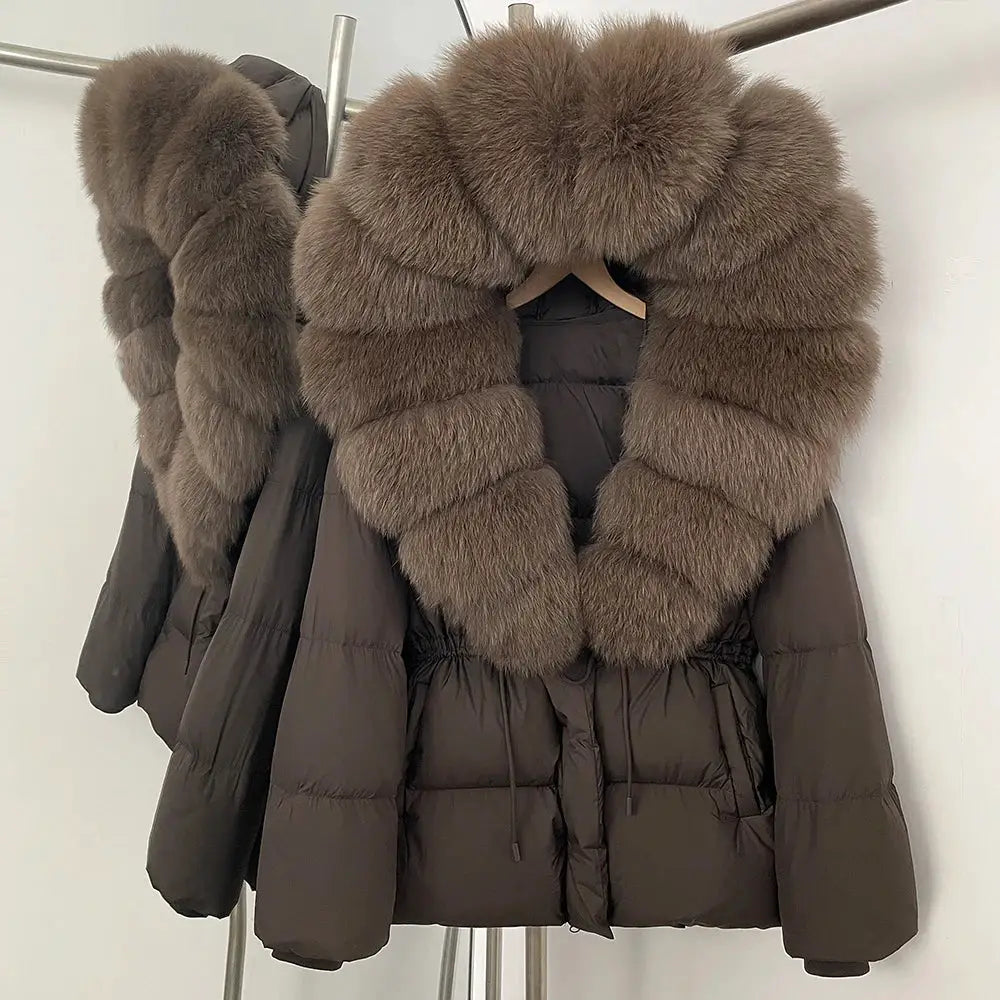 Womens Real Fox Fur Collar Duck Down Coat With Raccoon Fur Trim Hooded Puffer Jacket