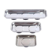 Three-piece magnetic stainless trays in round-square form with magnetic bases for easy access and parts loss prevention
