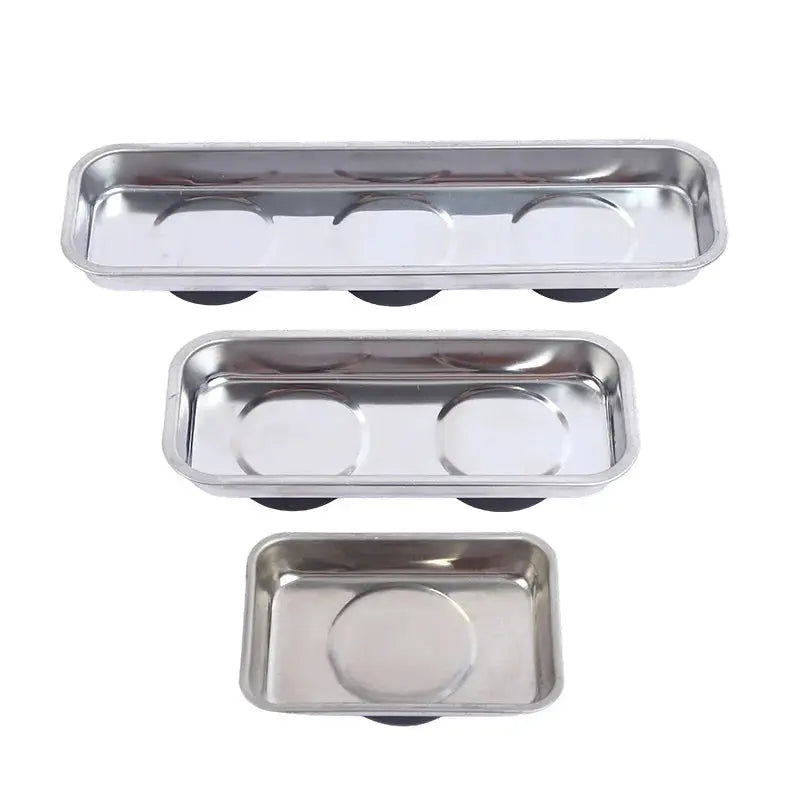 Three-piece magnetic stainless trays in round-square form with magnetic bases for easy access and parts loss prevention