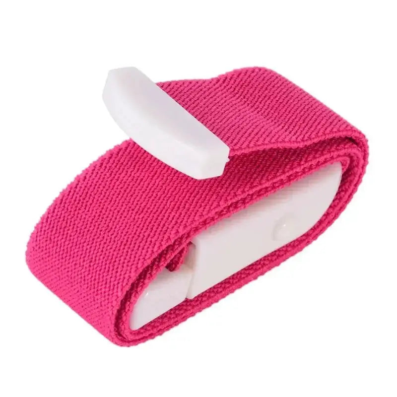 Emergency tourniquet strap; bright pink fabric, white plastic buckle, for first aid and outdoor camping survival.