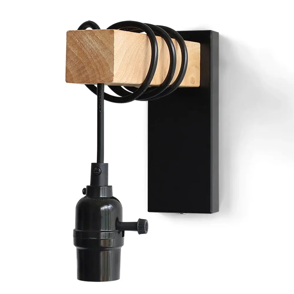 Simples Market 110V/220V wall light with switch; black iron wall sconce with wood block, E27 retro indoor lamp
