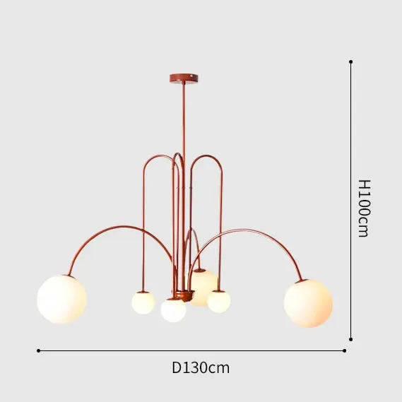 Nordic minimalist pendant light chandelier with red-copper arches and white glass globes
