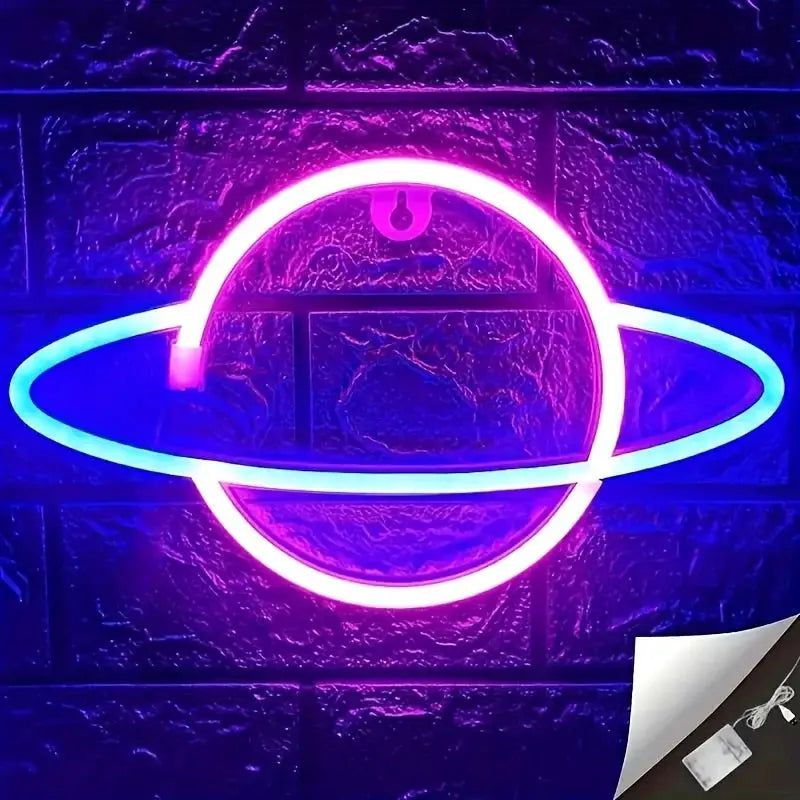 Decorative Saturn-ring neon wall light in pink and blue, for modern art ambiance, USB or battery powered