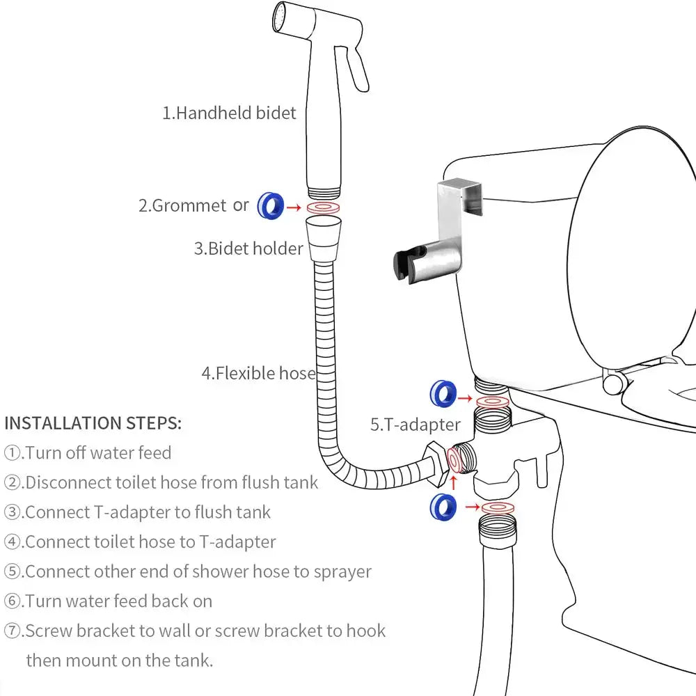 Stainless steel handheld bidet sprayer set with hose and T-adapter installation diagram