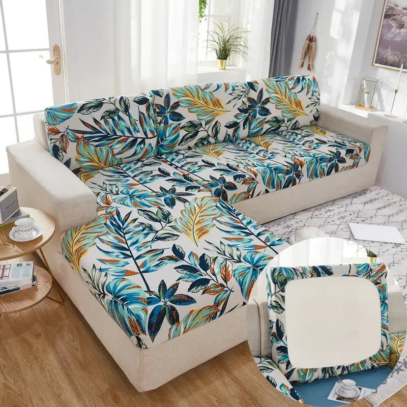 Simples Market stretch couch cushion slipcovers set in blue-teal botanical print for sofa cushions with anti-slip protection
