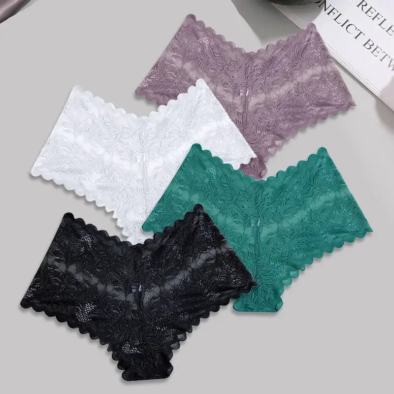 Lace floral boyshorts five-piece pack; breathable low-rise women's underwear in black, white, purple, teal, and green.