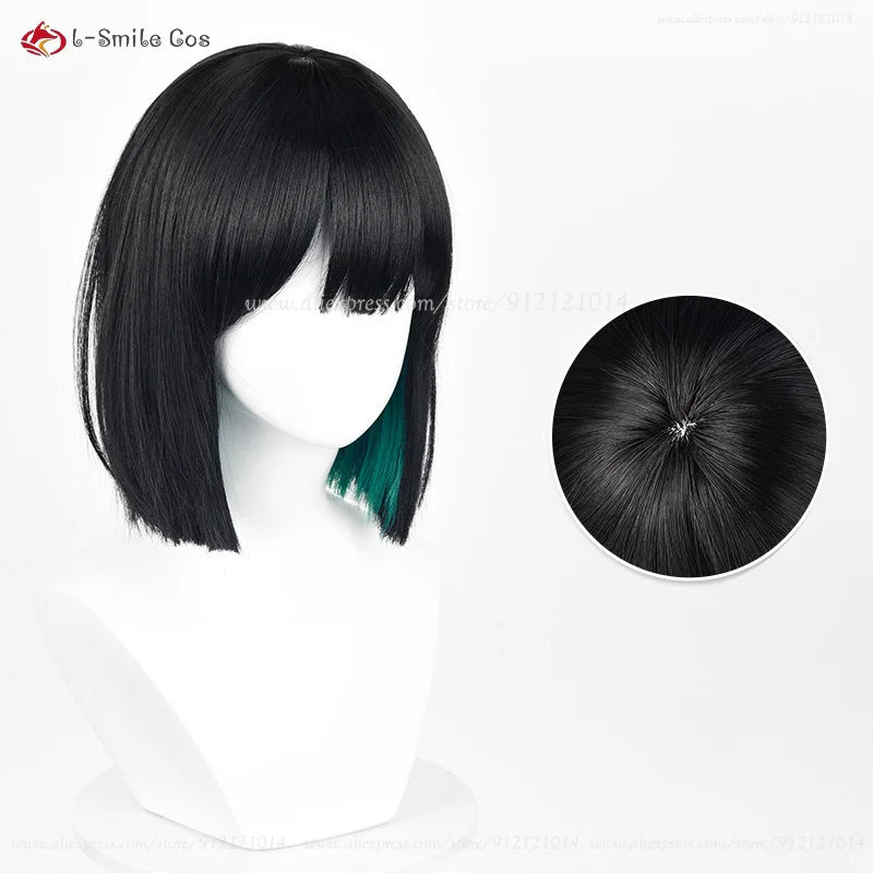 Anime Sua cosplay wig by Simples Market, 30cm black with green underlayer, heat-resistant synthetic bob