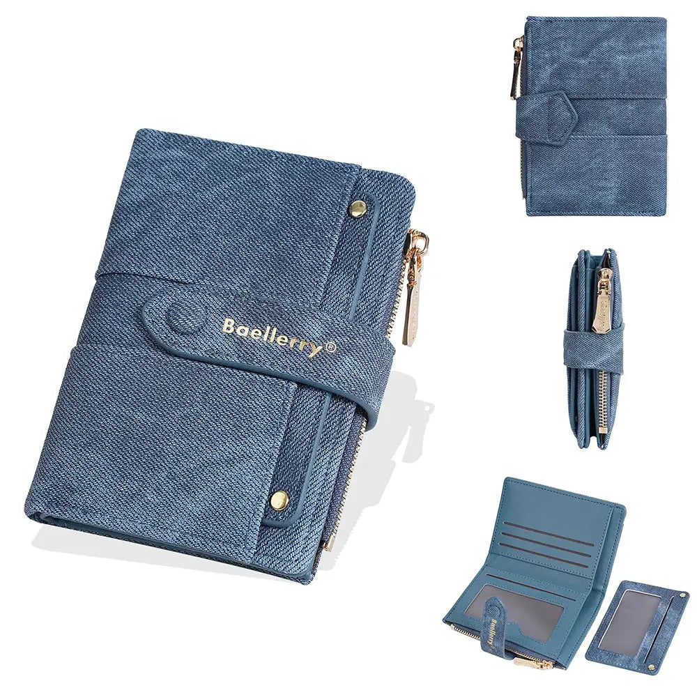 Baellerry blue denim wallet with zipper coin pocket and detachable card clip, Simples Market