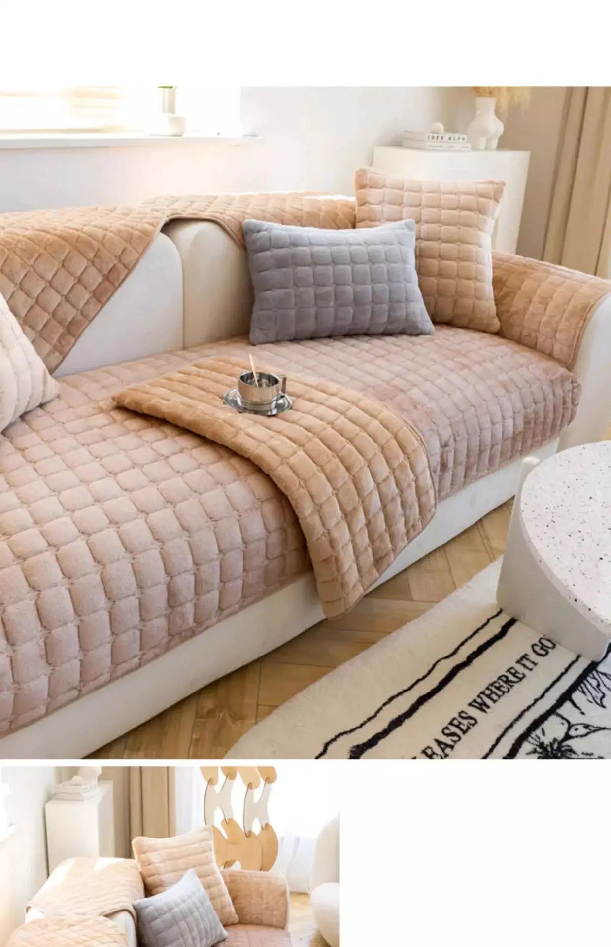 Plush velvet plaid sofa cover set by Simples Market in peach with matching cushions on a modern living room sofa.