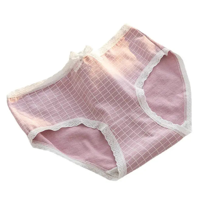 Pink cotton panties for women with white lace trim and grid pattern
