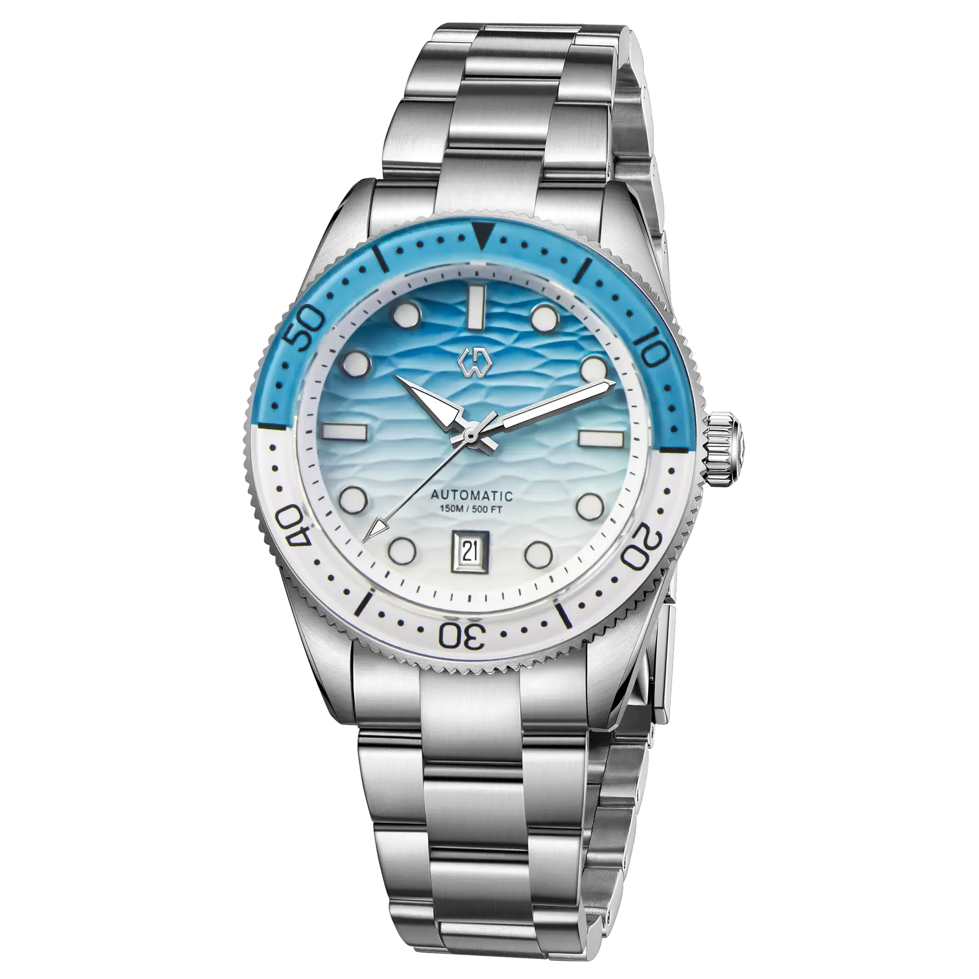 Wishdoit men's automatic dive watch with ocean blue ripple dial, blue bezel, and stainless steel bracelet