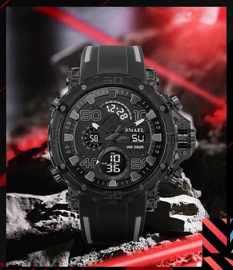 Military men's SMAEL watch, 50m water resistant, black rugged digital-analog dial with silicone strap