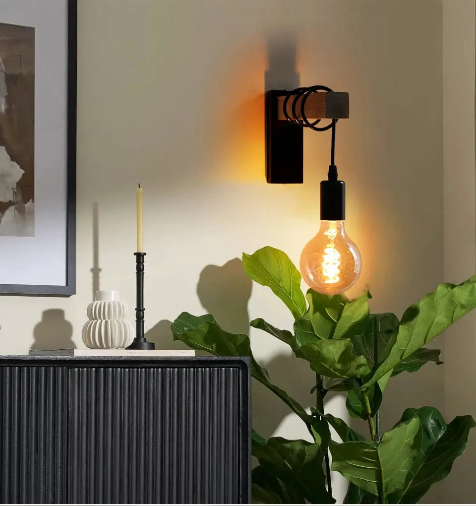 Wall light with switch, iron wood finish, E27 retro indoor sconce with exposed filament bulb