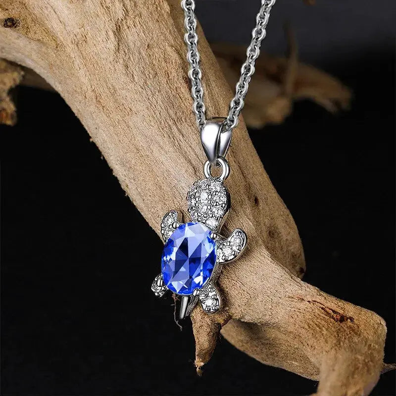 3pc turtle pendant jewelry set Simples Market: silver-plated necklace and matching earrings with blue glass gemstones