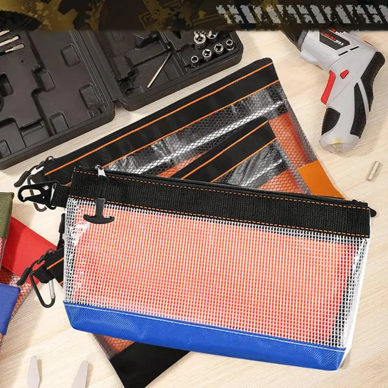 Transparent PVC waterproof multi-function organizer pouch for hardware storage; Simples Market blue and orange trim.
