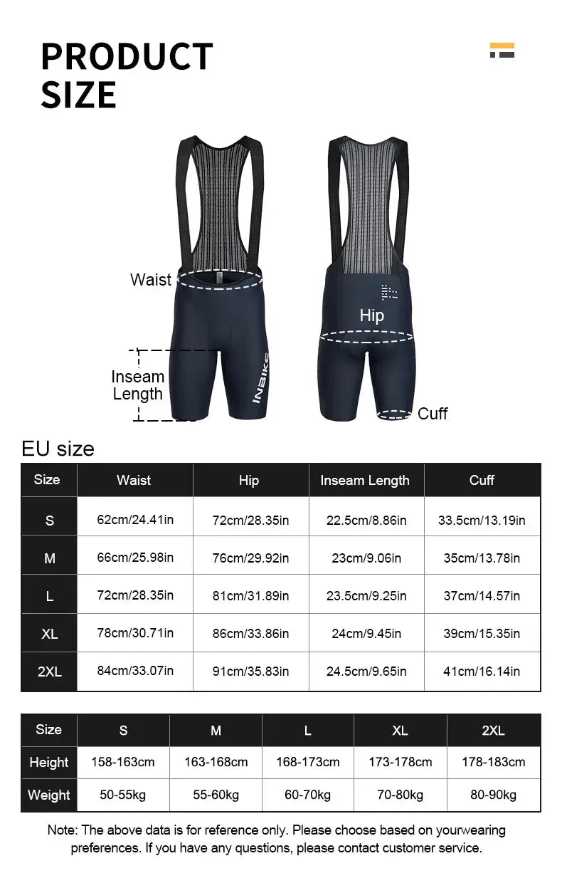 INBIKE men's MTB cycling bib shorts by Simples Market, navy blue with mesh bib straps and size chart