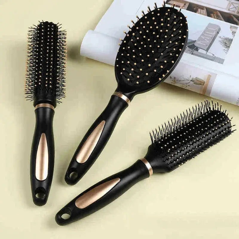 Air bag anti-static hair brush set, 3-piece by Simples Market with black plastic handles and gold trim