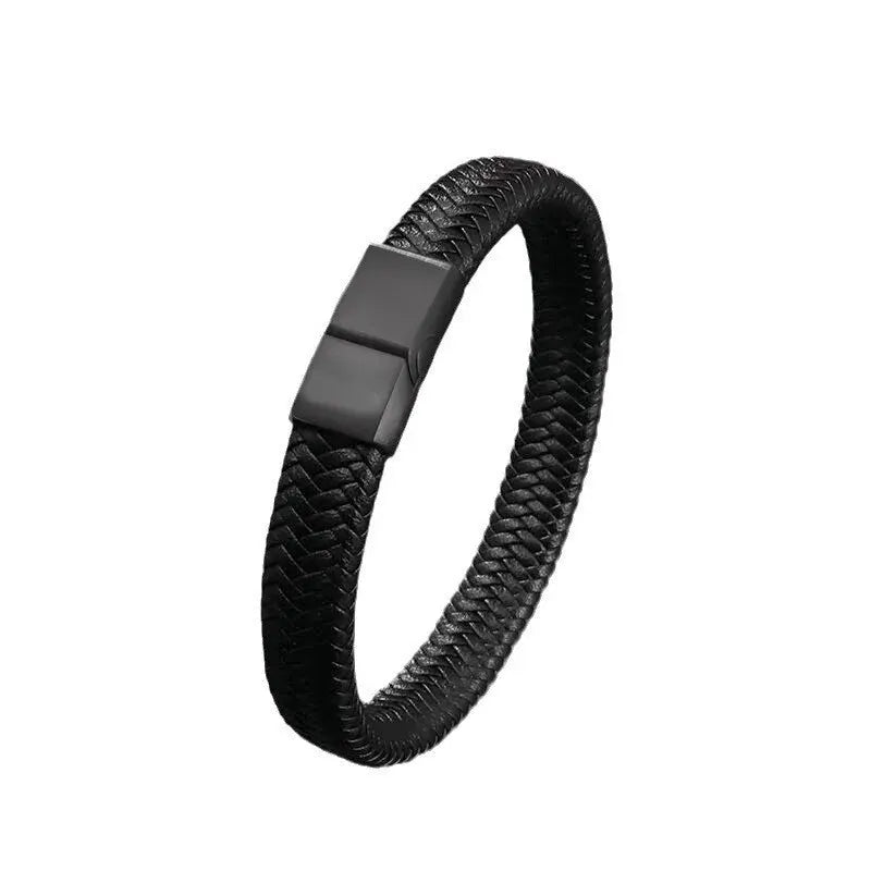 Black PU Leather Magnetic Bracelet For Men Elegant Mature Style Durable Zinc Alloy Charm Great Gift For Him