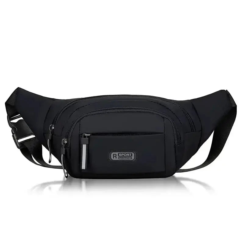 Men's black waist pack with multiple zip compartments and front R SPORT logo