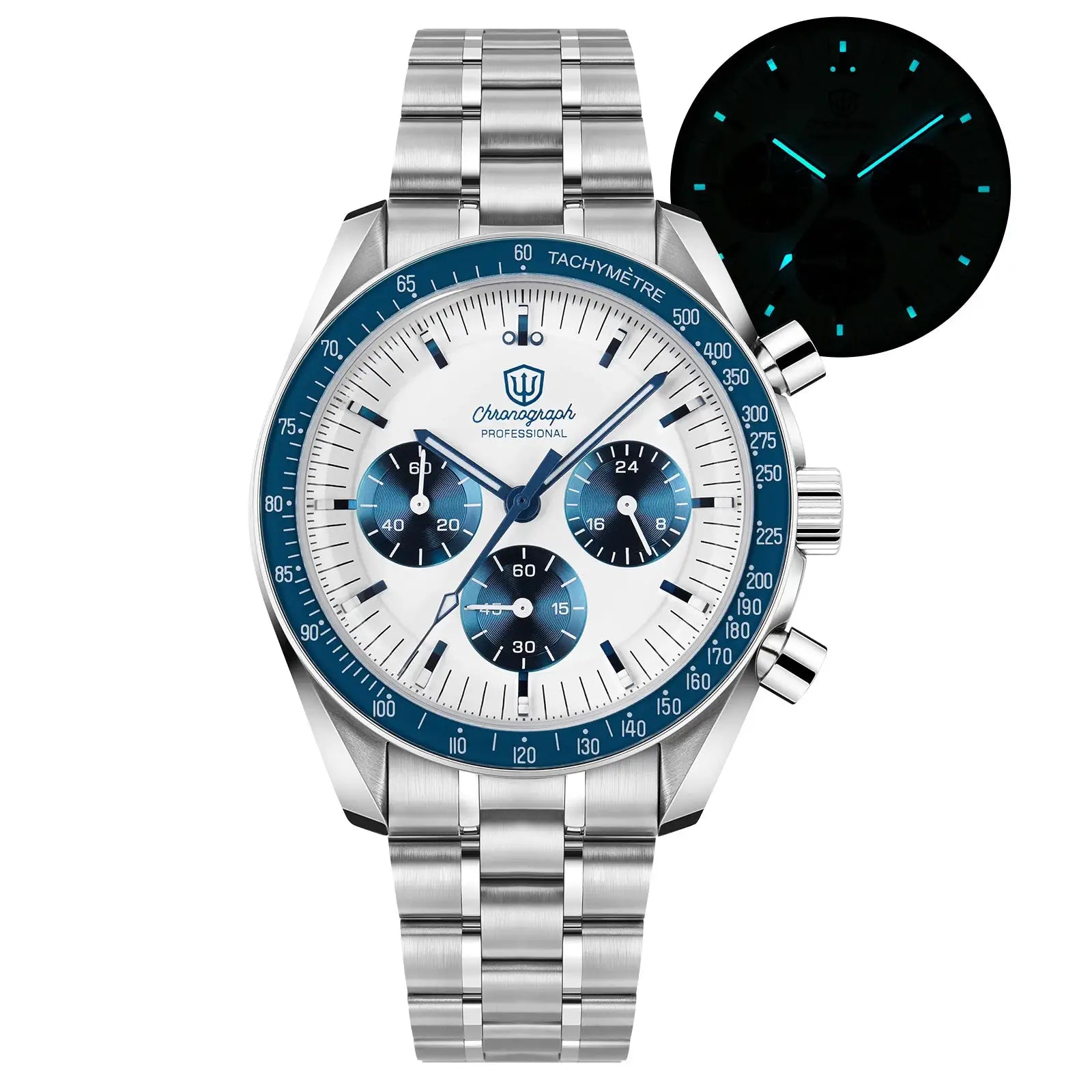 Watchdives WD1863 chronograph watch with stainless steel bracelet, white dial and blue bezel