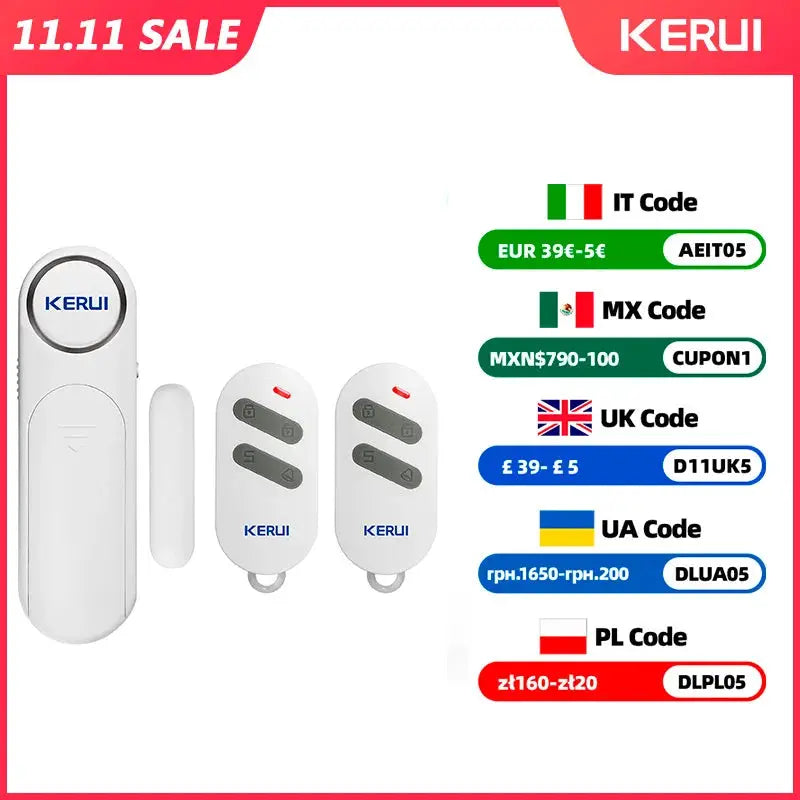 KERUI Wireless Door/Window Sensor Alarm kit with 2 remotes, white, 300ft range