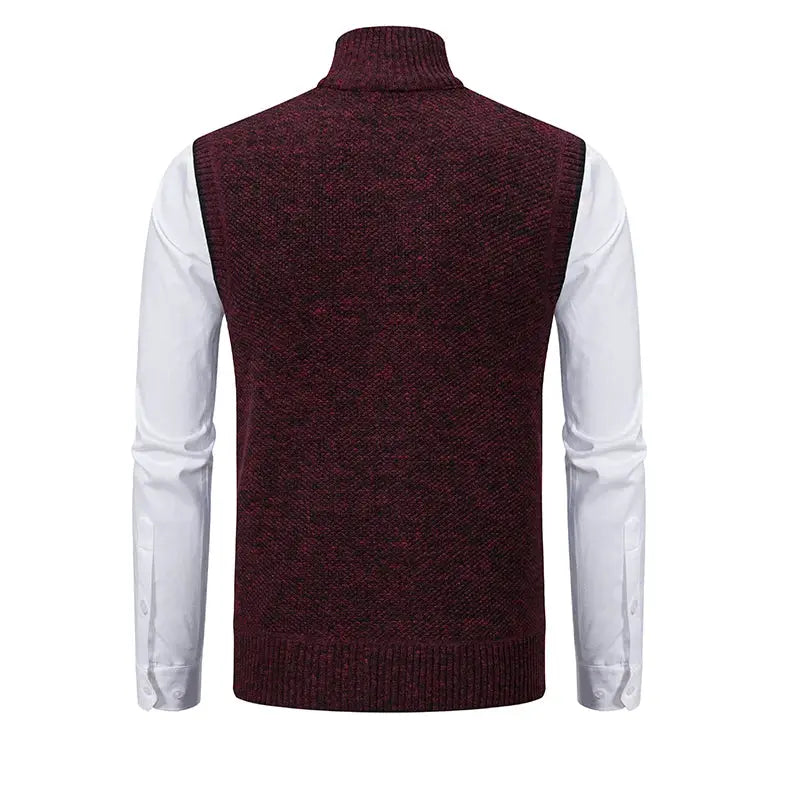 Men's burgundy knit sleeveless vest with stand collar over white shirt, Simples Market