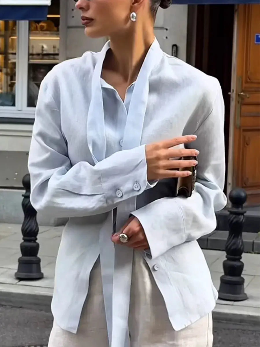 Wolfeel 100% cotton light-blue tie-belt shirt cardigan top, slim commuting blouse